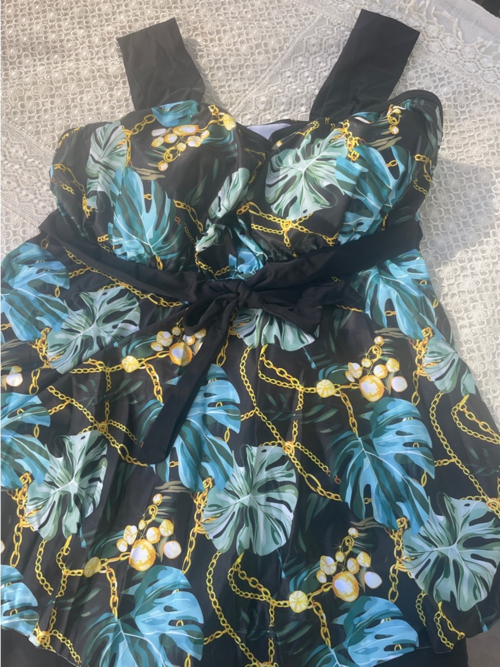 Black Tropical Leaf One-Piece Swimsuit with Belt